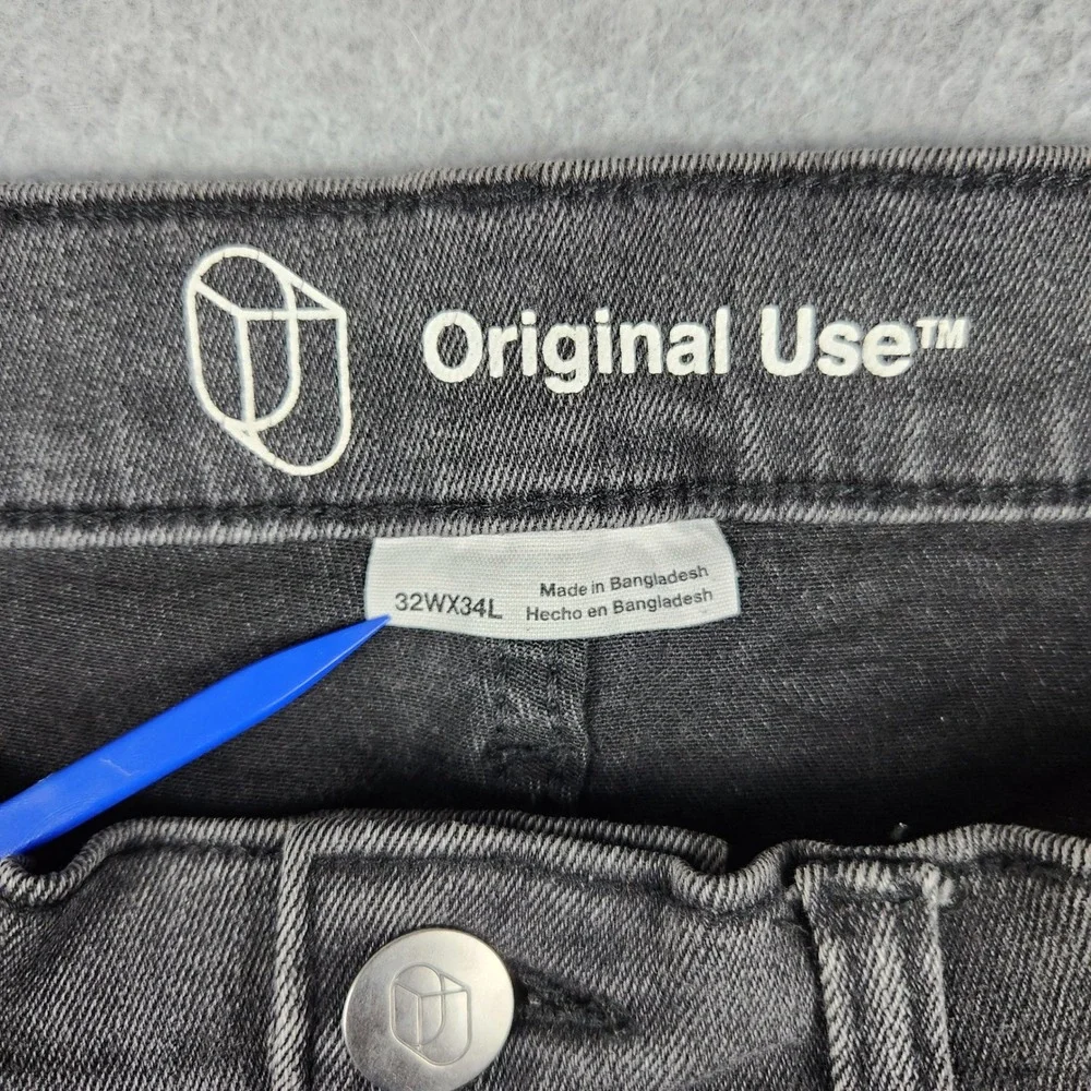 Original Use Jeans Mens 32x34 Black Denim Whiskered Cotton Slim Taper Distressed